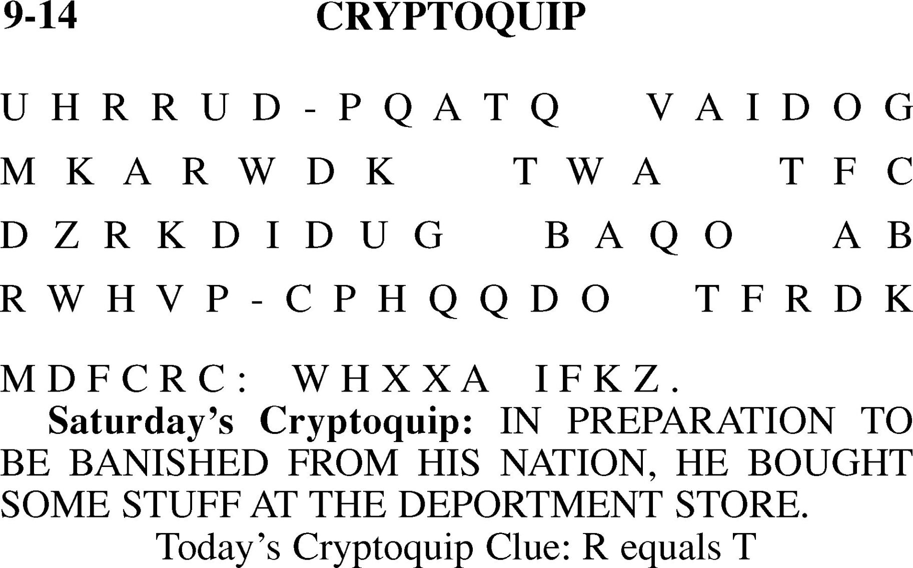 Cryptoquip answers for Saturday, September 12, 2020